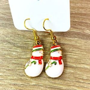 Gold tone white enamel snowman earrings